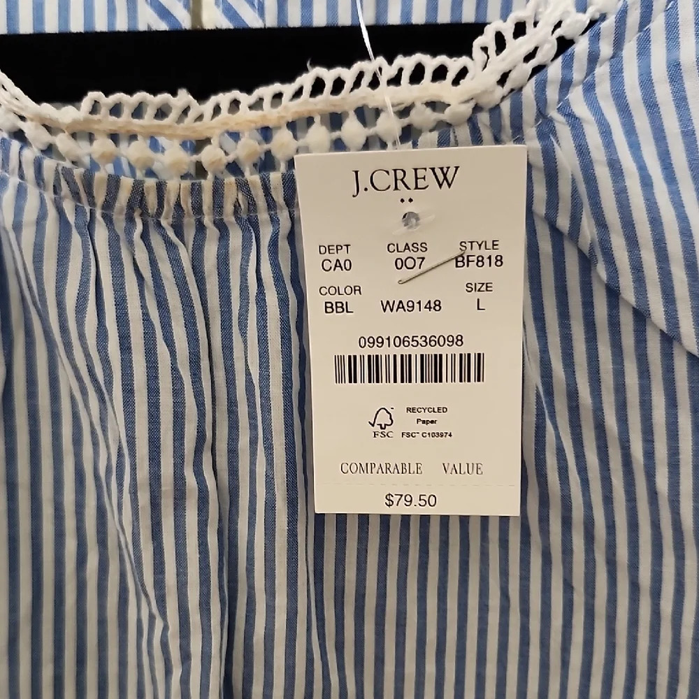 J. Crew Blue and White Ruffled Puff Sleeve Blouse - Picture 3 of 15